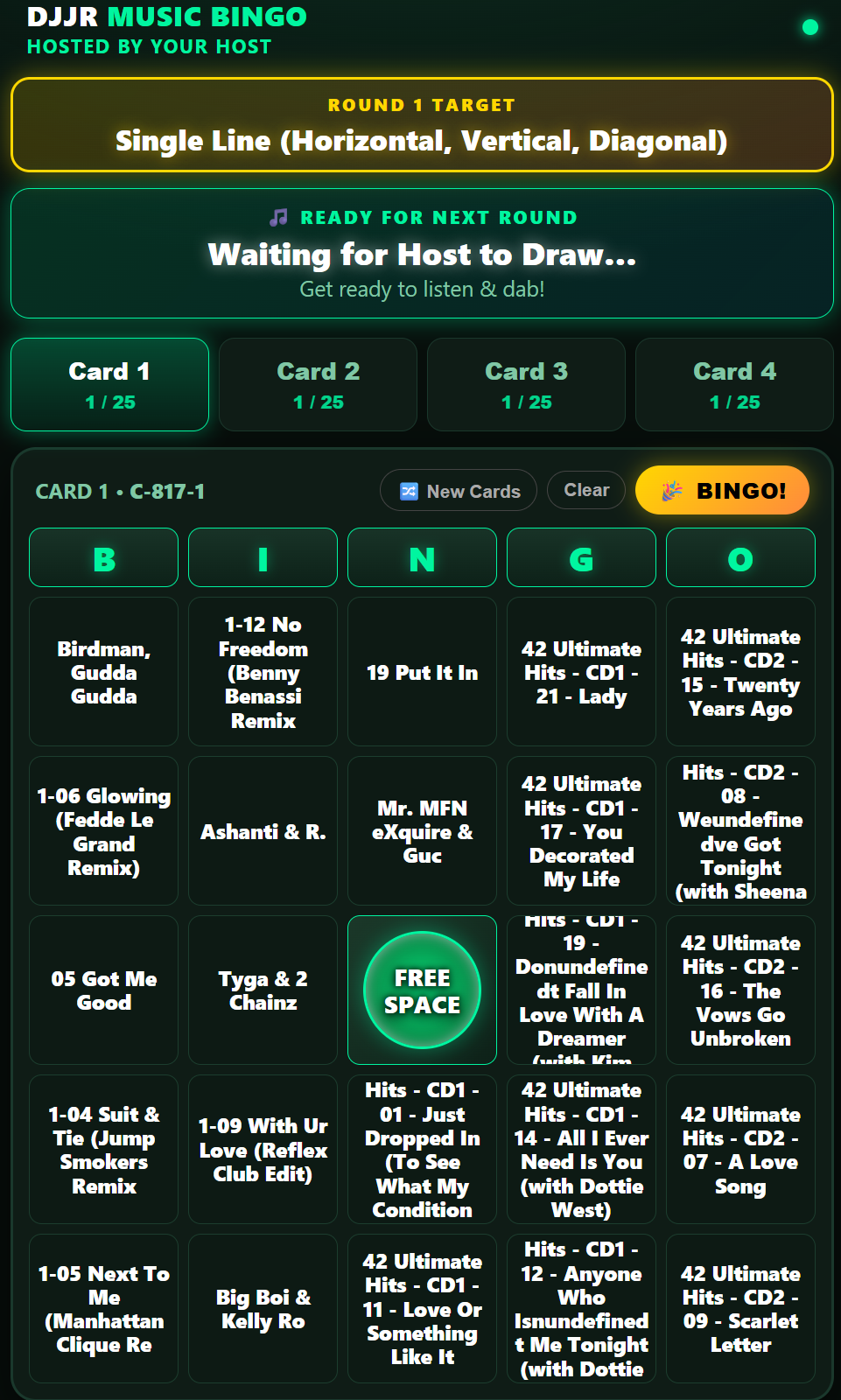 DJJR Music Bingo player phone view — four bingo cards with neon dabbers